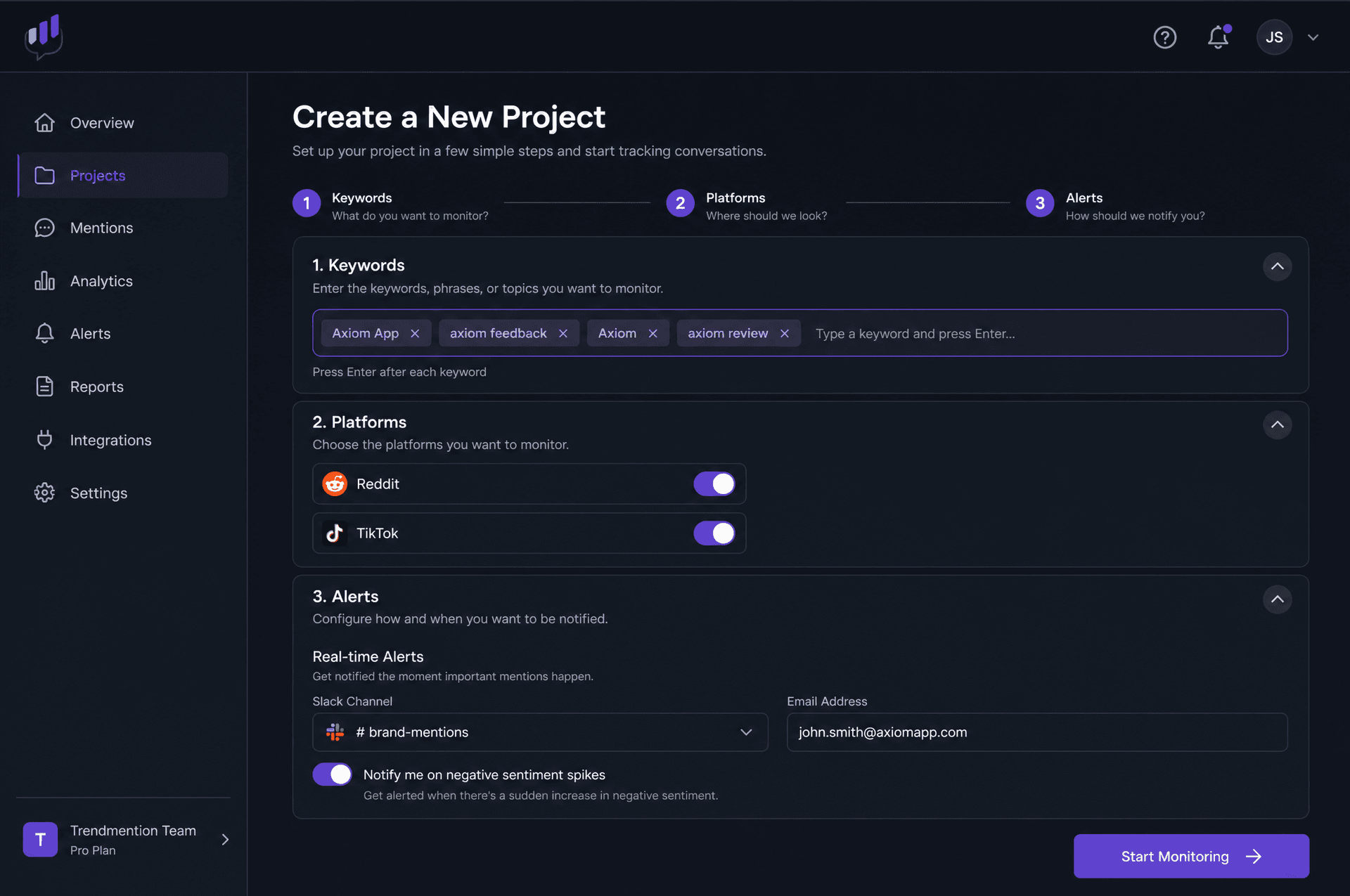 The project setup screen in Trendmention, where users can add keywords and configure alerts for Reddit and TikTok monitoring.